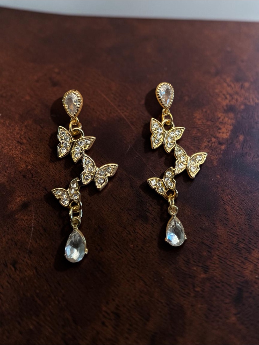 Hand Crafted Gold Butterfly Crystal Drop Earrings